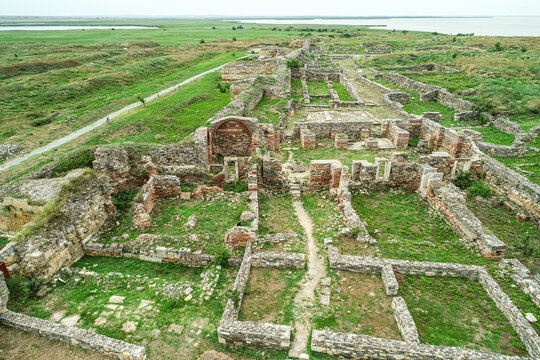 Histria Fortress. Aerial view over the historical landmark fortress Histria from Dobrogea, Romania, next to Razim Sinoe lake.