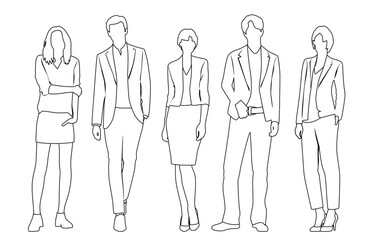 Vector silhouettes of  men and a women, a group of standing  business people,  linear sketch, black and white color isolated on white background