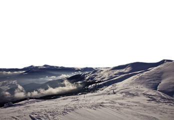 Ski slopes over clouds in wintertime isolated PNG photo with transparent background. High quality...