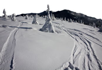 Ski marks on steep snow slope isolated PNG photo with transparent background. Extreme sport. High quality cut out scene element. Realistic image overlay for website design, layout, social media