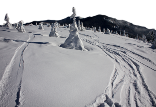 Ski marks on steep snow slope isolated PNG photo with transparent background. Extreme sport. High quality cut out scene element. Realistic image overlay for website design, layout, social media