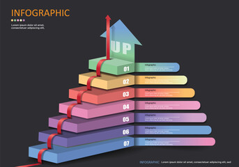 Vector infographic is 3D beautiful colorful stairs on black gray background with arrows showing ascending of levels, arrow showing direction of ascending levels concept idea for presentations.  - obrazy, fototapety, plakaty