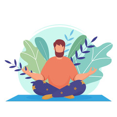 Fototapeta na wymiar A man with brown hair meditates in nature, and sits on a rug. Illustration for yoga, meditation, healthy lifestyle. Vector illustration in flat cartoon style.