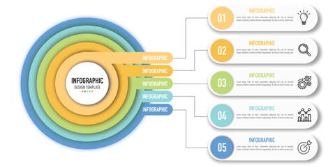 Target circular infographic template or element as a vector with colorful 3D circle layer, icons for sale presentation or slide, minimal, simple, modern style