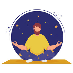 A man with brown hair meditating near the stars at night and sitting on a rug. Illustration for yoga, meditation, and healthy lifestyle. Vector illustration in flat cartoon style.