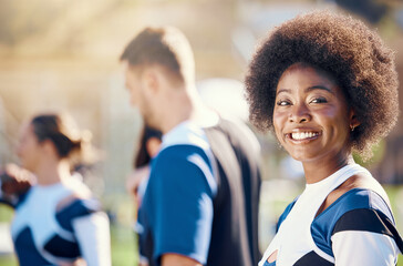 Happy, sports and portrait of a black woman at cheerleading, rehearsal and team practice. Smile, cheerful and African cheerleader at a sport event, competition or performance with a squad on a field