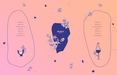 Drinks menu design. Vector layout for a restaurant, bar. Hand-drawn illustration. Booklet, list, menu, flyer, poster, banner, brochure.