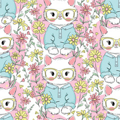 Hand drawn cute cat with glasses and pink heart with little flowers seamless pattern vector illustration kids print