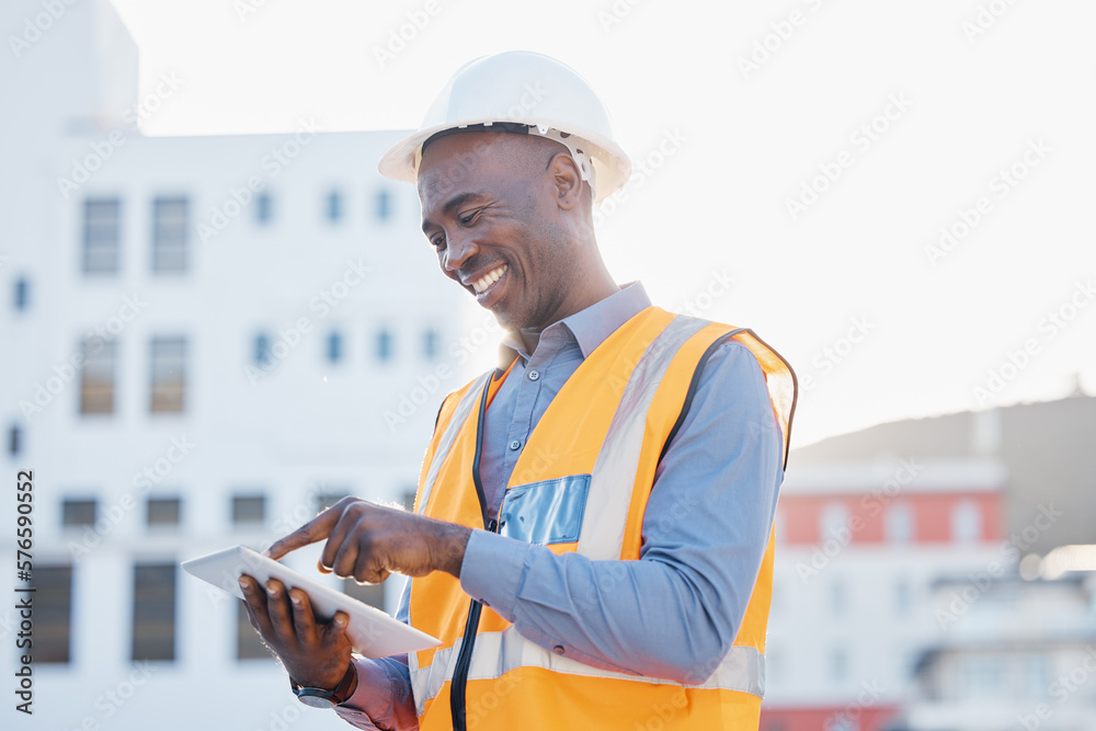 Poster engineering, tablet and search with black man in city for construction, building and architecture. m