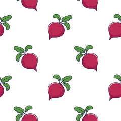 Cute Beet root seamless pattern in doodle style. Vector hand drawn cartoon Beet root illustration.