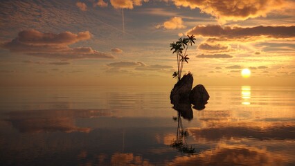 palm tree on an island in the middle of the ocean, 3D illustration, cg render
