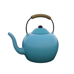 3D illustration of blue tea coffee pot with wooden handle