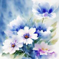 Obraz na płótnie Canvas blue flowers, spring illustration on a blue watercolor background, pastel colors, generative ai, ai art