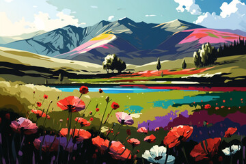 Beautiful Day with Wild Flowers - Landscape Painting - by Generative AI