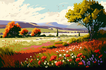 Beautiful Day with Wild Flowers - Landscape Painting - by Generative AI