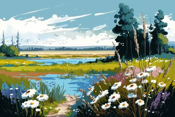 Beautiful Day with Wild Flowers - Landscape Painting - by Generative AI