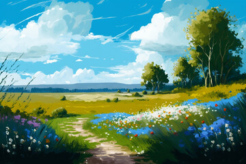 Beautiful Day with Wild Flowers - Landscape Painting - by Generative AI