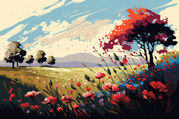 Beautiful Day with Wild Flowers - Landscape Painting - by Generative AI
