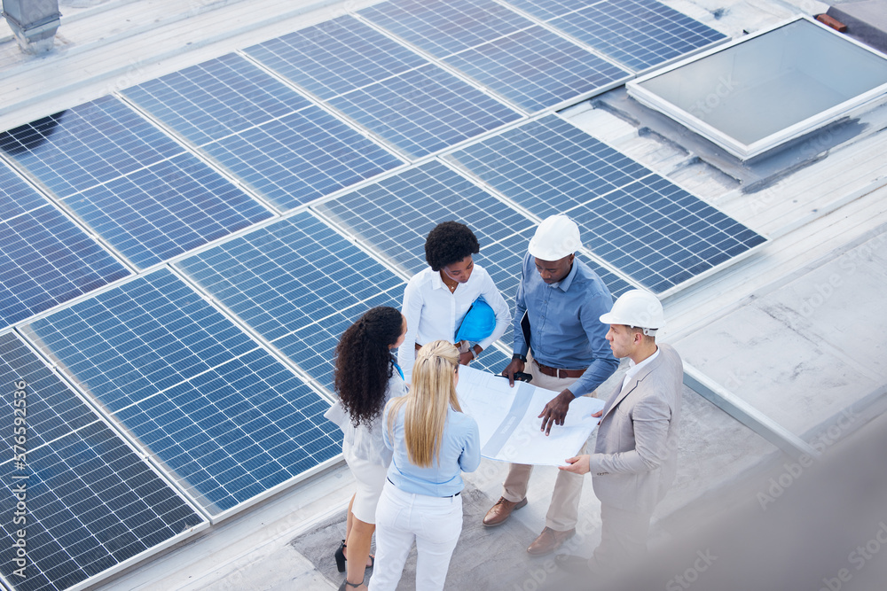 Poster solar energy, teamwork or engineering designers with blueprint on roof building grid technology for 