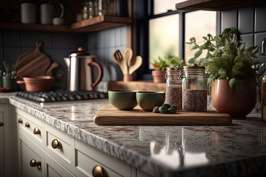 Kitchen with countertops made from sustainable material. Generative AI