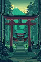 Ancient pagoda gate entrance. Japanese anime cartoon, digital art style, illustration.