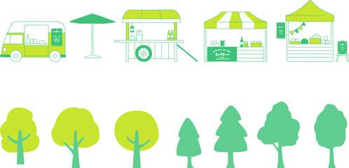 緑の木々とマルシェの屋台　イラストアイコン素材
