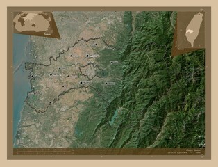 Chiayi, Taiwan. Low-res satellite. Labelled points of cities