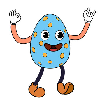 Easter egg groovy cartoon vintage style, Happy Easter. Characters egg