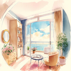 Apartment Room with Balcony - Watercolor - by Generative AI