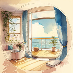Apartment Room with Balcony - Watercolor - by Generative AI