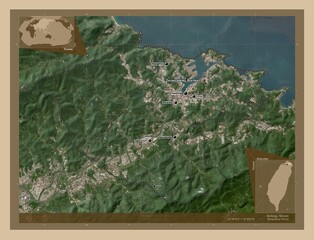 Keelung, Taiwan. Low-res satellite. Labelled points of cities © Yarr65