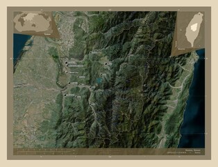 Nantou, Taiwan. High-res satellite. Labelled points of cities