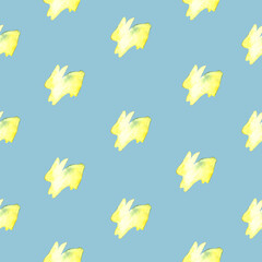 Watercolor seamless hand drawn pattern with yellow flowers and yellow silhouette of hares, bunnies and rabbits