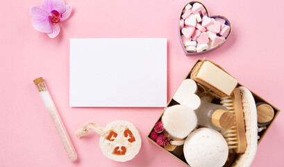 Natural Eco Friendly Beauty, Skin Care Products Concept. Zero Waste Bathroom, Spa Accessories on Pink Background.
