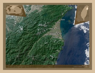 Yilan, Taiwan. Low-res satellite. Labelled points of cities