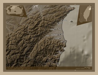 Yilan, Taiwan. Sepia. Labelled points of cities