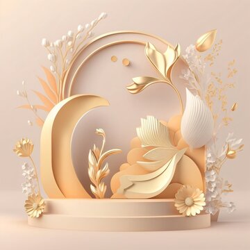 elegant showroom background with a minimal stage podium platform with springtime decoration, flower and gold stuff, luxury product stand, generative ai