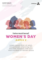 International Women's Day. Women's Day background design, woman silhouette illustration. Poster, cover