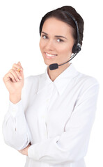 Woman Call Center Employee Talking on Headset - Isolated