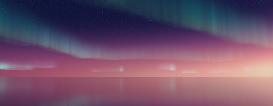Aurora Lights reflected in Water. Blue Northern Lights Banner with copy-space.