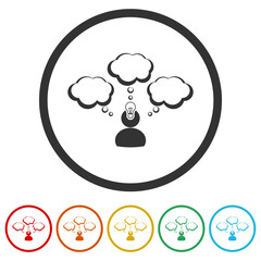 Head Light Bulb Thought cloud Idea icons in color circle buttons