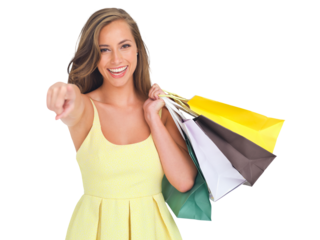 A happy female customer with shopping bags buying gifts at the mall from sales deals pointing at copy space on a Black Friday discount isolated on a png background.