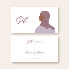 Gift voucher card template. Modern discount coupon or certificate layout with woman profile portrait, art background. Vector illustration.
