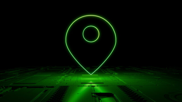 Green Neon Light Map Pin Icon. Vibrant Colored Location Technology Symbol, On A Black Background With High Tech Floor. 3D Render