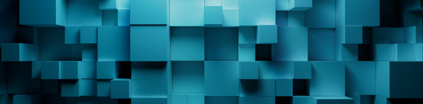 Turquoise and Aqua, Multisized Cubes Precisely Arranged to create a Futuristic Tech Banner. 3D Render.