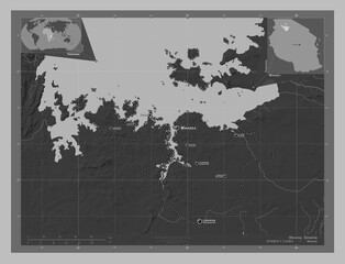 Mwanza, Tanzania. Grayscale. Labelled points of cities