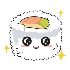 Kawaii Japanese food Sushi California Maki on white background for kids fashion artworks, children books, stickers, greeting cards, emoji, textile, web, print. Kawaii cartoon vector illustration.