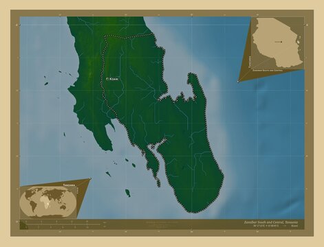 Zanzibar South and Central, Tanzania. Physical. Labelled points of cities