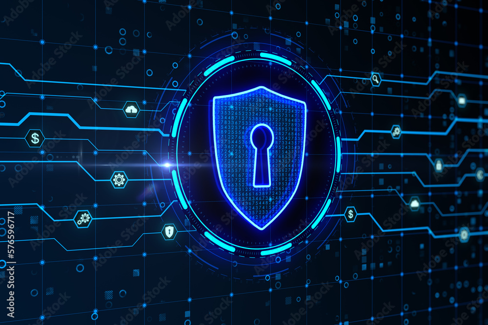Aufkleber Privacy security and digital management security concept with perspective view on a blue shield with keyhole inside on abstract dark technological background with microcircuit. 3D rendering