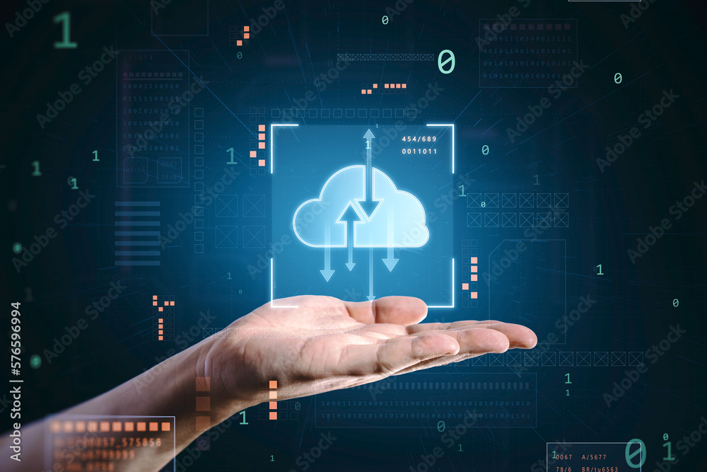 Poster Data transfer and storage technology concept with digital touch screen with glowing digital cloud symbol and arrows in virtual frame above man hand palm on dark technological background